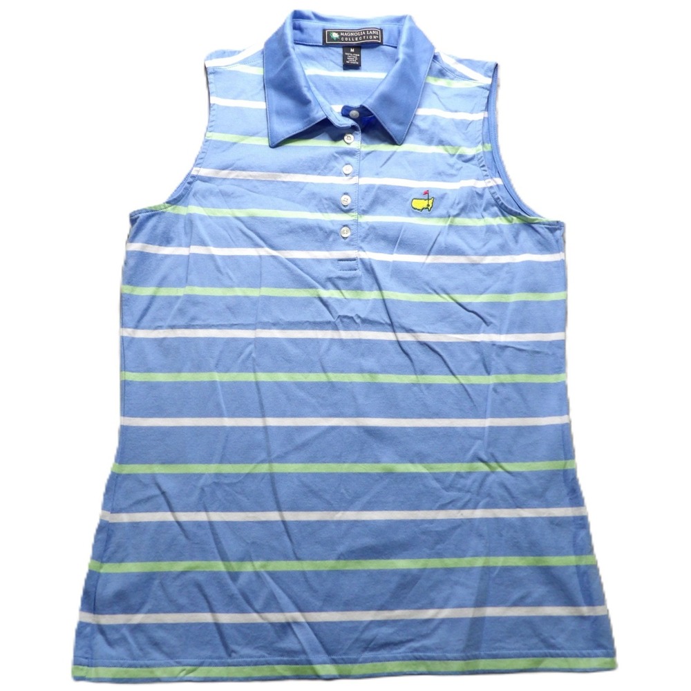 Magnolia Lane Women M Blue Striped Sleeveless Golf Polo Shirt Masters Logo Pima